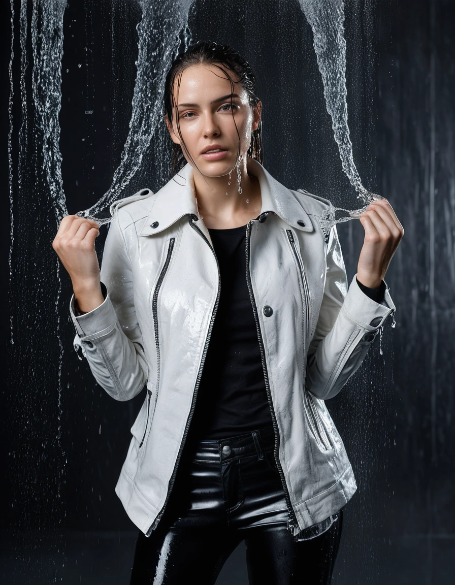 professional photo of young woman, in soaking wet, drenched clothes, wet clothes stuck to body, detailed textures of the wet clothes, wet face, wet plastered hair, wet, drenched, wet skin, damp fabric, standing under a shower with water flowing from head to toe, wearing a water-drenched white latex shirt, black leather jacket, skin tight black leather jeans, and black leather ankle boots, soaked and glistening, streaming raindrops, fabric transparency, high-contrast water cling, water dripping from hem, storm aftermath atmosphere, cinematic lighting, close up, sharp focus, photorealistic, ultra-detailed fabric texture, realistic colors, RAW photo, professionally color graded