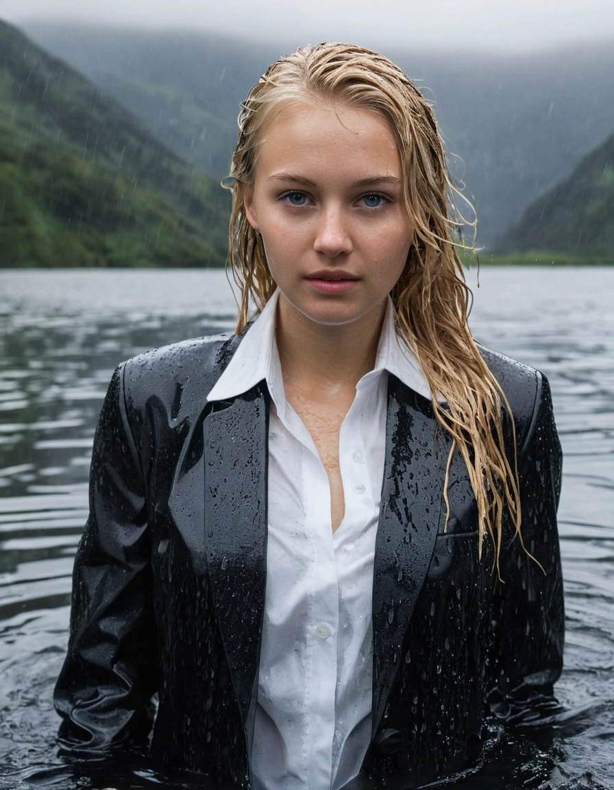 professional photo of young woman, 20 year old beautiful white blonde woman, in soaking wet, drenched clothes, wet clothes stuck to body, detailed textures of the wet clothes, wet face, wet plastered hair, wet, drenched, wet skin, damp fabric, side parting long hair, Black Business Suit Jacket with white button down business shirt longsleeve, Black Long Business Trouser, soaked tailored fabric, realistic structure, absorbed water, wet folds, breast deep submerged, looks confidently into camera, swimming in a clear mountain lake, heavy rainstorm, big rainshower, atmospheric lighting, dramatic rain, full body view, detailed fabric texture, sharp focus, photorealistic, ultra-detailed fabric texture, realistic colors, RAW photo, professionally color graded