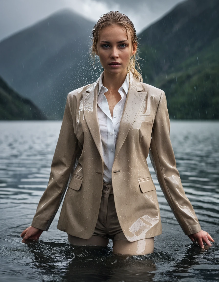 professional photo of young woman, in soaking wet, drenched clothes, wet clothes stuck to body, detailed textures of the wet clothes, wet face, wet plastered hair, wet, drenched, wet skin, damp fabric, elegant beautiful blonde, side parting, long hair, wearing a beige business suit jacket with white button down business shirt longsleeve and beige long business trouser, soaked tailored fabric, clothes clinging to body with heavy water absorption, standing breast deep submerged in a clear mountain lake, looking confidently into camera, under a heavy rainstorm, dramatic lighting, rain droplets, atmospheric, full body view, detailed fabric texture, sharp focus, photorealistic, ultra-detailed fabric texture, realistic colors, RAW photo, professionally color graded