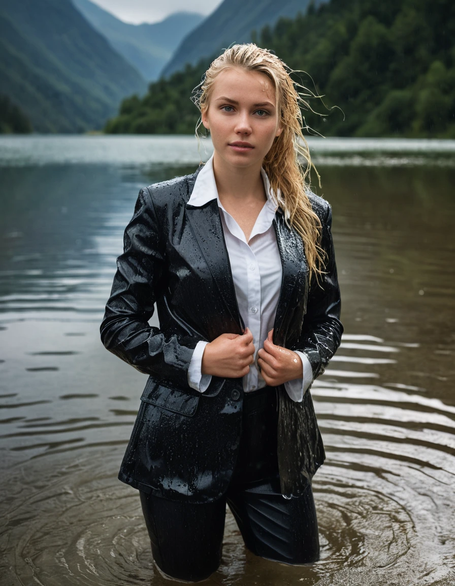 professional photo of young woman, 20 year old beautiful white blonde woman in soaking wet, drenched clothes, wet clothes stuck to body, detailed textures of the wet clothes, wet face, wet plastered hair, wet, drenched, wet skin, damp fabric, side parting long hair, wearing a black business suit jacket with white button down business shirt longsleeve and black long business trouser, breast deep submerged, looks confidently into camera, swimming in a clear mountain lake with heavy rainstorm, under a big rainshower, cinematic lighting, dramatic atmosphere, full body view, detailed fabric texture, sharp focus, photorealistic, ultra-detailed fabric texture, realistic colors, RAW photo, professionally color graded