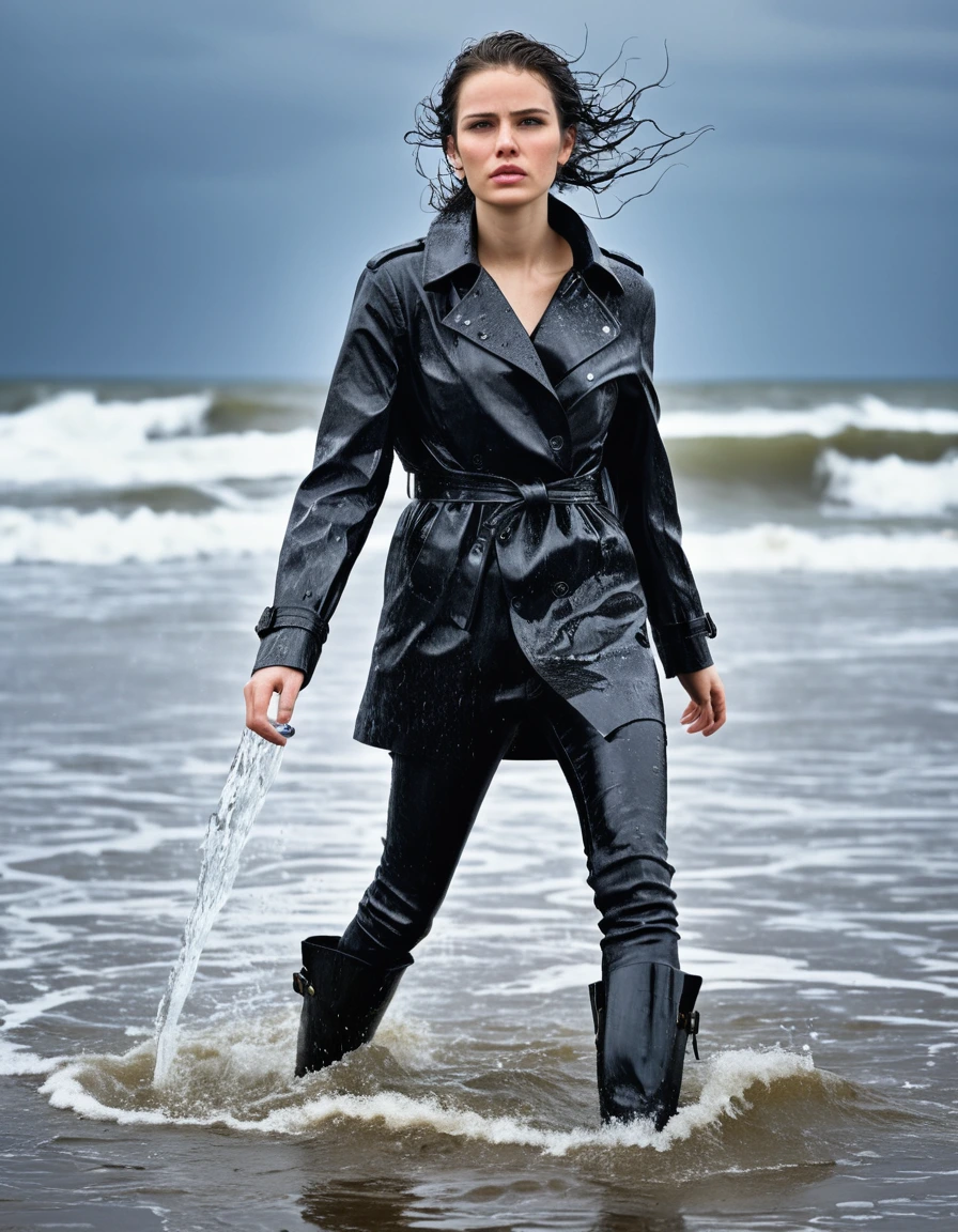 professional photo of young woman, in soaking wet, drenched clothes, wet clothes stuck to body, detailed textures of the wet clothes, wet face, wet plastered hair, wet, drenched, wet skin, damp fabric, wearing black leather ankle boots, soaked and glistening, skin tight black leather jeans, saturated, water-drenched black oversize latex shirt, black leather jacket, saturated, black trench coat, standing in the waves at the beach, waves breaking, heavy rain at night, streaming raindrops, fabric transparency, high-contrast water cling, storm aftermath atmosphere, cinematic lighting, water dripping from hem, sharp focus, photorealistic, ultra-detailed fabric texture, realistic colors, RAW photo, professionally color graded