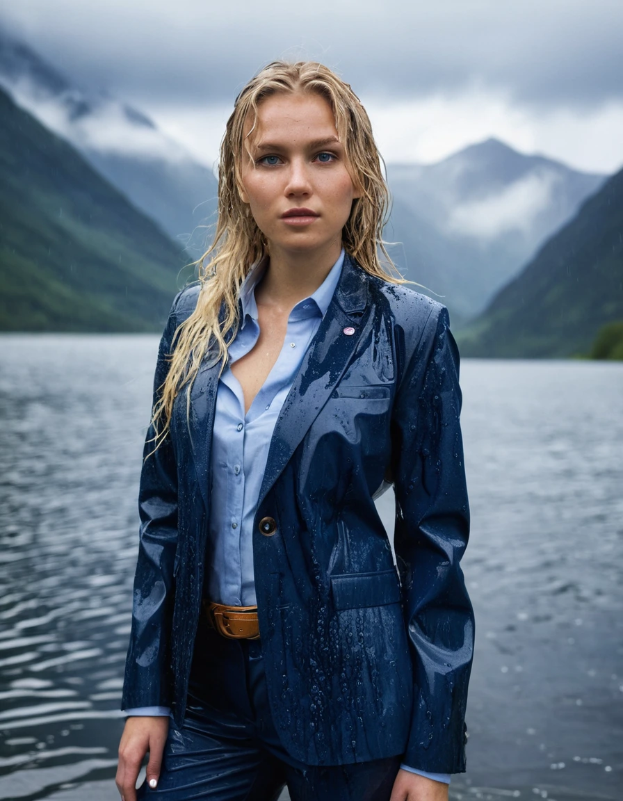 professional photo of young woman, 20 year old beautiful white blonde woman, in soaking wet, drenched clothes, wet clothes stuck to body, detailed textures of the wet clothes, wet face, wet plastered hair, wet, drenched, wet skin, damp fabric, side parting long hair, wearing a dark blue business suit jacket with light blue button down business shirt longsleeve and dark blue long business trouser, soaked tailored fabric, realistic structure, breast deep submerged in a clear mountain lake, under a big heavy rainstorm, heavy rain, confident expression looking into camera, full body view, sharp focus, photorealistic, ultra-detailed fabric texture, realistic colors, RAW photo, professionally color graded
