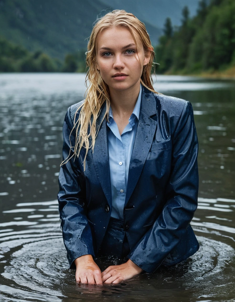 professional photo of young woman, 20 year old beautiful white blonde woman, in soaking wet, drenched clothes, wet clothes stuck to body, detailed textures of the wet clothes, wet face, wet plastered hair, wet, drenched, wet skin, damp fabric, long hair with side parting, wearing a dark blue business suit jacket with light blue button down business shirt longsleeve and dark blue long business trouser, breast deep submerged in a clear mountain lake, heavy rainstorm, big rainshower, confident expression looking into camera, full body view, detailed fabric texture, soaked tailored fabric, sharp focus, photorealistic, ultra-detailed fabric texture, realistic colors, RAW photo, professionally color graded