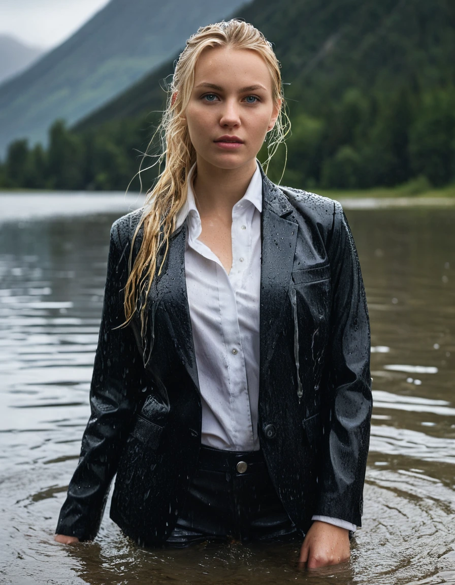 professional photo of young woman, 20 year old beautiful white blonde woman, in soaking wet, drenched clothes, wet clothes stuck to body, detailed textures of the wet clothes, wet face, wet plastered hair, wet, drenched, wet skin, damp fabric, side parting long hair, wearing black business suit jacket with white button down business shirt longsleeve and black long business trouser, clothes are soaked tailored fabric with realistic structure, breast deep submerged, looks confidently into camera, swimming in a clear mountain lake during a heavy rainstorm, big rainshower, cinematic lighting, stormy atmosphere, full body view, detailed fabric texture, sharp focus, photorealistic, ultra-detailed fabric texture, realistic colors, RAW photo, professionally color graded