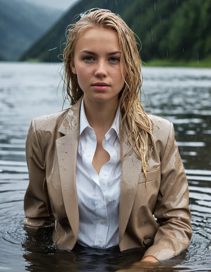 professional photo of young woman, 20 year old beautiful blonde, side parting long hair, in soaking wet, drenched clothes, wet clothes stuck to body, detailed textures of the wet clothes, wet face, wet plastered hair, wet, drenched, wet skin, damp fabric, wearing a Beige Business Suit Jacket over a white button down business shirt longsleeve and Beige Long Business Trouser, soaked tailored fabric, realistic structure, absorbed water, wet folds, breast deep submerged in a clear mountain lake, under a big rainshower, heavy rain, rain storm, looks confidently into camera, full body view, sharp focus, photorealistic, ultra-detailed fabric texture, realistic colors, RAW photo, professionally color graded