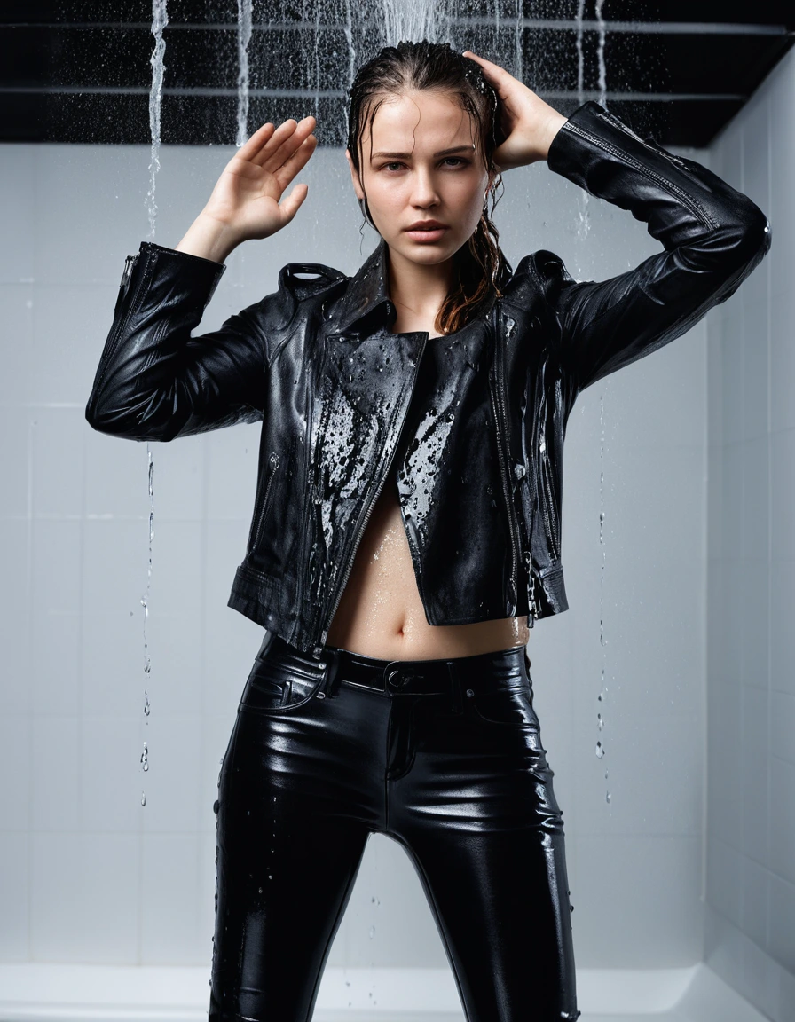 professional photo of young woman, in soaking wet, drenched clothes, wet clothes stuck to body, detailed textures of the wet clothes, wet face, wet plastered hair, wet, drenched, wet skin, damp fabric, standing under a shower with water flowing from head to toe, wearing a water-drenched white latex shirt, black leather jacket, skin tight black leather jeans, and black leather ankle boots, soaked and glistening, streaming raindrops, fabric transparency, high-contrast water cling, water dripping from hem, storm aftermath atmosphere, cinematic lighting, close up, sharp focus, photorealistic, ultra-detailed fabric texture, realistic colors, RAW photo, professionally color graded