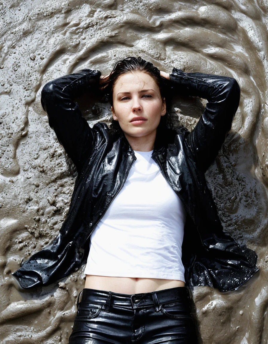 professional photo of young woman, in soaking wet, drenched clothes, wet clothes stuck to body, detailed textures of the wet clothes, wet face, wet plastered hair, wet, drenched, wet skin, damp fabric, wearing a water-drenched white latex shirt, a black leather jacket, saturated, skin tight black leather jeans, saturated, and black leather ankle boots, soaked and glistening, lying submerged in a mud pool in a field, covered in mud, mud up to shoulders, heavy rain, streaming raindrops, fabric transparency, high-contrast water cling, storm aftermath atmosphere, cinematic lighting, close up, full body view, detailed fabric texture, sharp focus, photorealistic, ultra-detailed fabric texture, realistic colors, RAW photo, professionally color graded