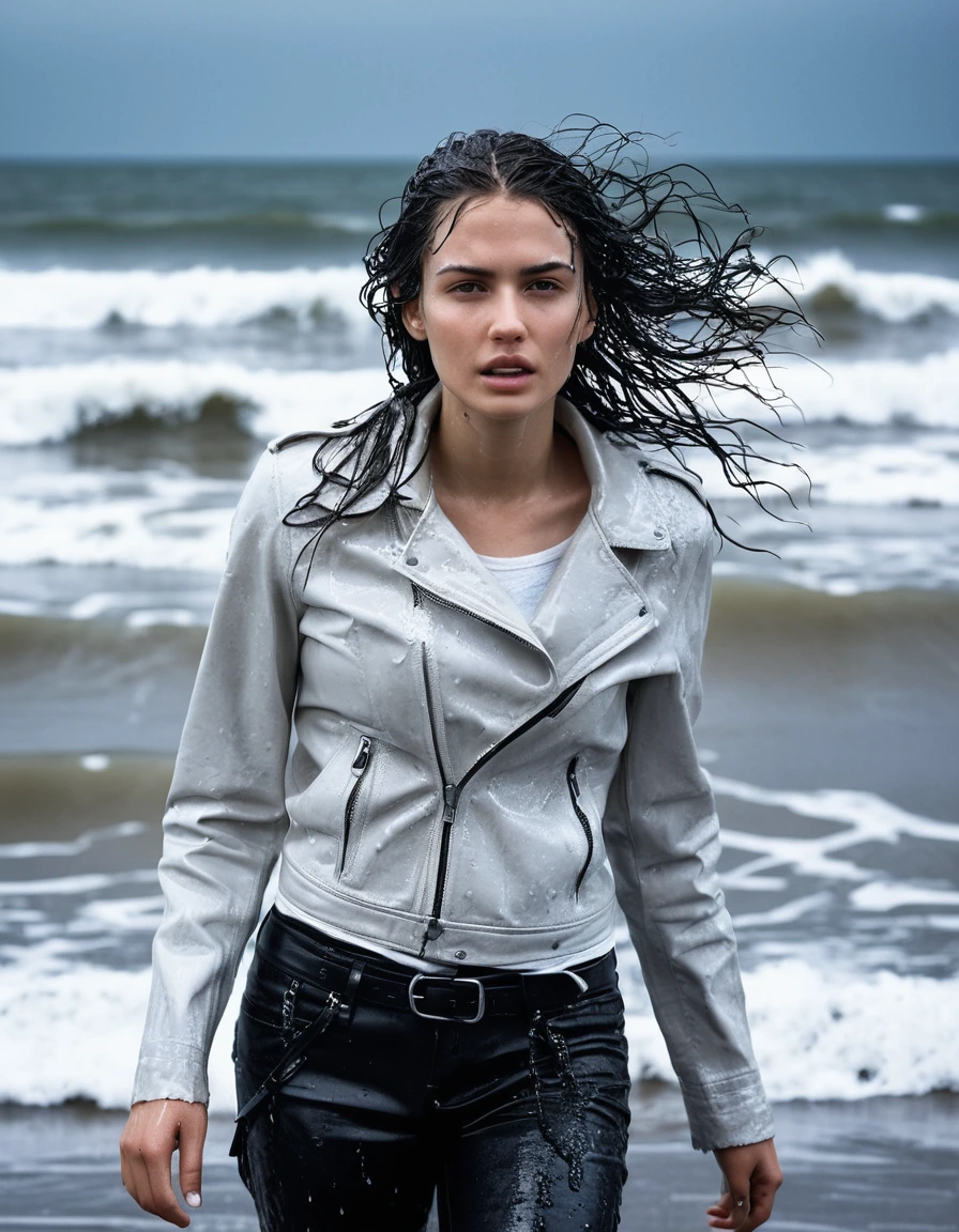 professional photo of young woman, in soaking wet, drenched clothes, wet clothes stuck to body, detailed textures of the wet clothes, wet face, wet plastered hair, wet, drenched, wet skin, damp fabric, streaming raindrops, fabric transparency, high-contrast water cling, water dripping from hem, wearing a water-drenched white oversize leather t-shirt, black leather jacket, saturated, black trench coat, skin tight black leather jeans, saturated, black leather ankle boots, soaked and glistening, standing in the waves at the beach, waves breaking, heavy rain at night, storm aftermath atmosphere, cinematic lighting, sharp focus, photorealistic, ultra-detailed fabric texture, realistic colors, RAW photo, professionally color graded