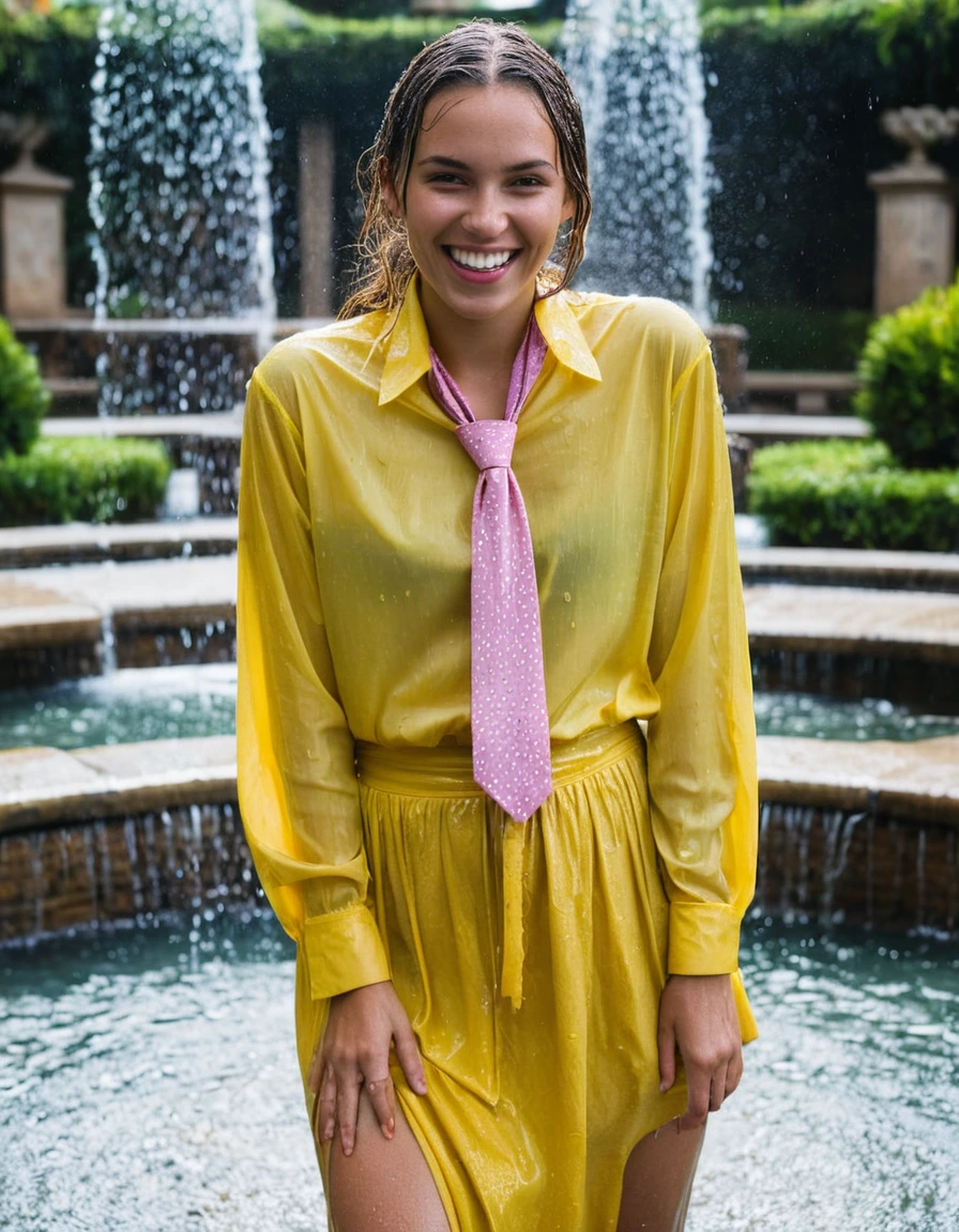 professional photo of young woman, in soaking wet, drenched clothes, wet clothes stuck to body, detailed textures of the wet clothes, wet face, wet plastered hair, wet, drenched, wet skin, damp fabric, wearing a yellow long sleeved blouse with a necktie and a pink maxi skirt, wearing heels, happy and joyful expression, standing in a fountain with splashing water, full body view, detailed fabric texture, sharp focus, photorealistic, ultra-detailed fabric texture, realistic colors, RAW photo, professionally color graded