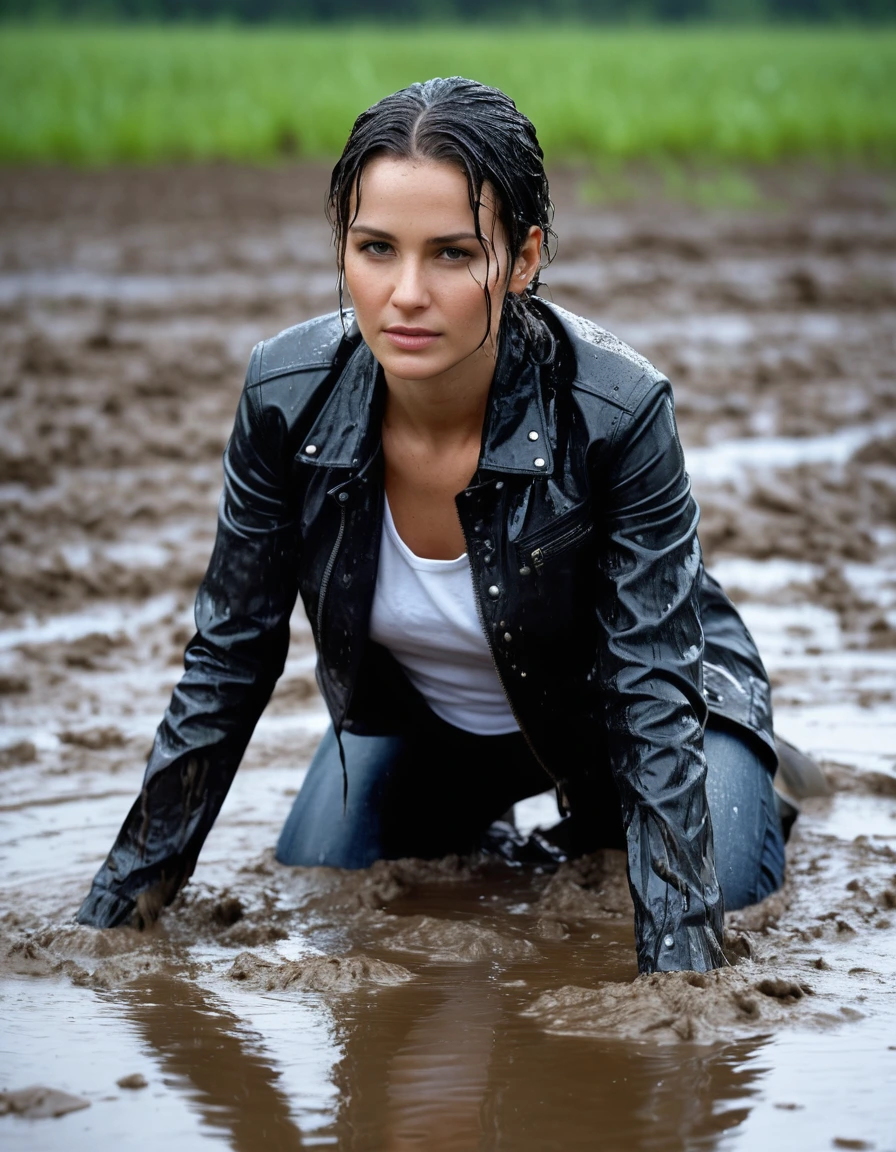 photo of young woman, in soaking wet, drenched clothes,
Black leather ankle boots, soaked and glistening , skin tight black leather jeans, saturated, water-drenched white latex shirt, black leather jacket, saturated, lying submerged in a mud pool in a field, covered in mud, heavy rain, drenched, close up, mud up to shoulders, 
enjoying, wet clothes stuck to body,
detailed textures of the wet clothes, wet face, wet plastered hair,
wet, drenched, professional, high-quality details, full body view.
sharp focus, ultra-high pixel detail, realistic, high-quality, full colors, incredibly detailed, 4k, 8k, 16k, hyper-realistic, RAW photo, masterpiece, ultra-detailed, professionally color graded, professional photograph, streaming raindrops, fabric transparency, high-contrast water cling, cinematic lighting, photorealistic, 8k, water dripping from hem, storm aftermath atmosphere, wet skin, wet clothes, damp fabric