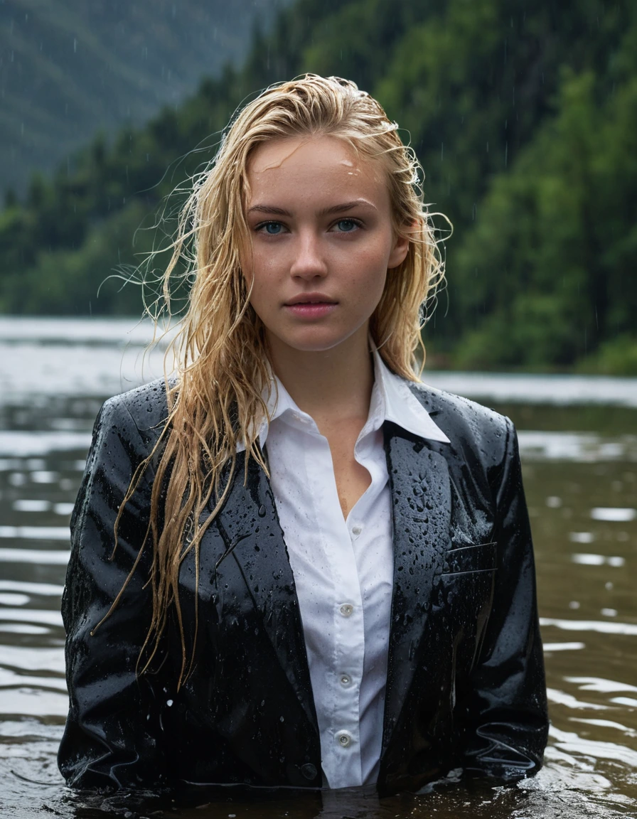 professional photo of young woman, 20 year old beautiful blonde, in soaking wet, drenched clothes, wet clothes stuck to body, detailed textures of the wet clothes, wet face, wet plastered hair, wet, drenched, wet skin, damp fabric, wearing a black business suit jacket with white button down business shirt longsleeve, black long business trousers, soaking wet tailored fabric, heavy fabric texture, breast deep submerged, side parting long hair, looks confidently into camera, swimming in a clear mountain lake during a heavy rainstorm, heavy rain, dramatic storm lighting, cinematic atmosphere, full body view, sharp focus, photorealistic, ultra-detailed fabric texture, realistic colors, RAW photo, professionally color graded