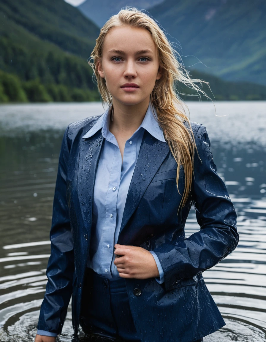 professional photo of young woman, 20 year old beautiful white blonde woman with side parting long hair, in soaking wet, drenched clothes, wet clothes stuck to body, detailed textures of the wet clothes, wet face, wet plastered hair, wet, drenched, wet skin, damp fabric, wearing a dark blue business suit jacket with light blue button down business shirt longsleeve and dark blue long business trouser, clothes are soaked tailored fabric showing heavy wet folds and absorbed water, breast deep submerged in water, confidently looking into camera, clear mountain lake, heavy rainstorm, heavy rain, dramatic storm atmosphere, full body view, sharp focus, photorealistic, ultra-detailed fabric texture, realistic colors, RAW photo, professionally color graded