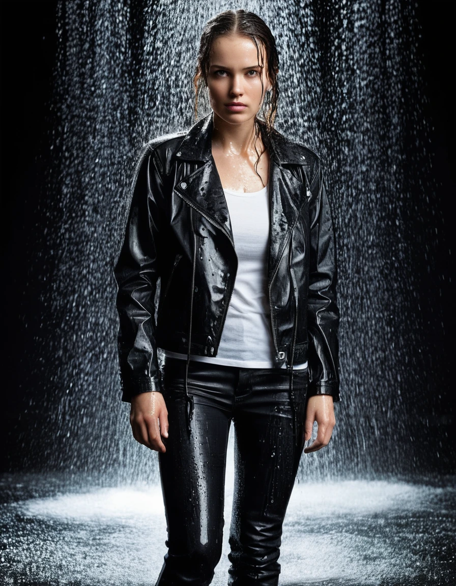 professional photo of young woman, in soaking wet, drenched clothes, wet clothes stuck to body, detailed textures of the wet clothes, wet face, wet plastered hair, wet, drenched, wet skin, damp fabric, wearing a water-drenched white latex shirt, black leather jacket, saturated, skin tight black leather jeans, saturated, and black leather ankle boots, soaked and glistening, standing under a shower with water flowing from head to toe, streaming raindrops, fabric transparency, high-contrast water cling, water dripping from hem, storm aftermath atmosphere, cinematic lighting, close up, full body view, detailed fabric texture, sharp focus, photorealistic, ultra-detailed fabric texture, realistic colors, RAW photo, professionally color graded
