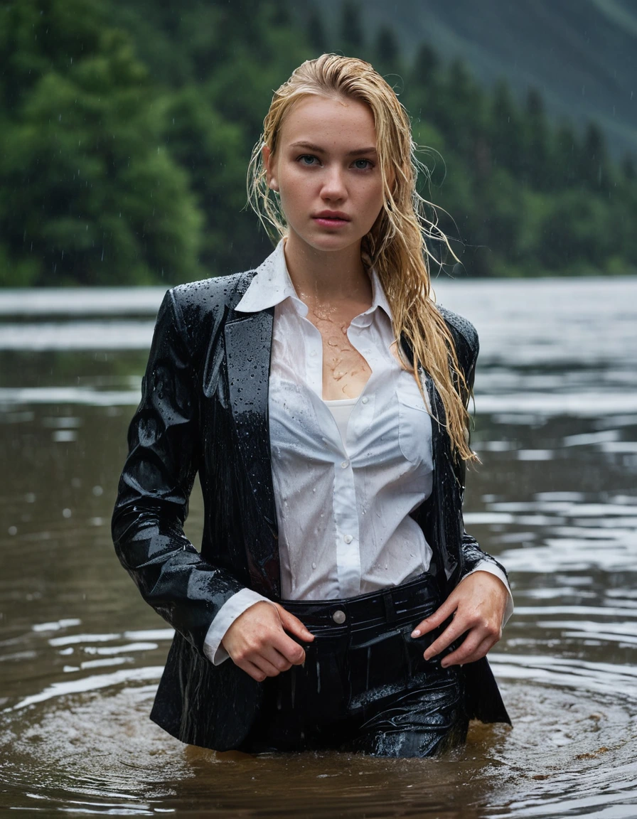 professional photo of young woman, 20 year old beautiful blonde, in soaking wet, drenched clothes, wet clothes stuck to body, detailed textures of the wet clothes, wet face, wet plastered hair, wet, drenched, wet skin, damp fabric, wearing a black business suit jacket with white button down business shirt longsleeve, black long business trouser, clothes are heavy and soaked with realistic structure and wet folds, breast deep submerged, looks confidently into camera, side parting long hair, swimming in a clear mountain lake during a heavy rainstorm, big rainshower, cinematic lighting, moody atmosphere, full body view, detailed fabric texture, sharp focus, photorealistic, ultra-detailed fabric texture, realistic colors, RAW photo, professionally color graded