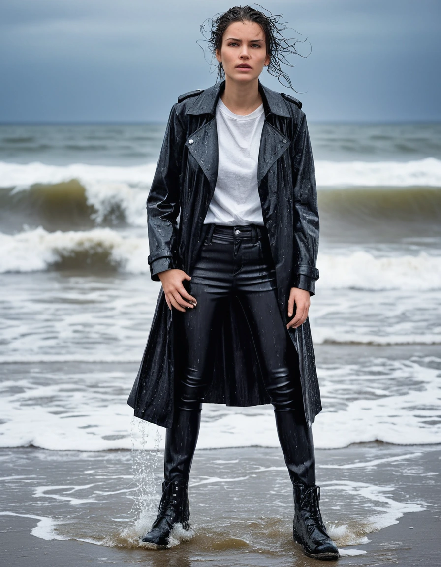 professional photo of young woman, in soaking wet, drenched clothes, wet clothes stuck to body, detailed textures of the wet clothes, wet face, wet plastered hair, wet, drenched, wet skin, damp fabric, wearing a water-drenched white oversize leather t-shirt, black leather jacket, saturated, black trench coat, skin tight black leather jeans, saturated, black leather ankle boots, soaked and glistening, streaming raindrops, fabric transparency, high-contrast water cling, water dripping from hem, standing in the waves at the beach, waves breaking, heavy rain at night, storm aftermath atmosphere, cinematic lighting, full body view, sharp focus, photorealistic, ultra-detailed fabric texture, realistic colors, RAW photo, professionally color graded