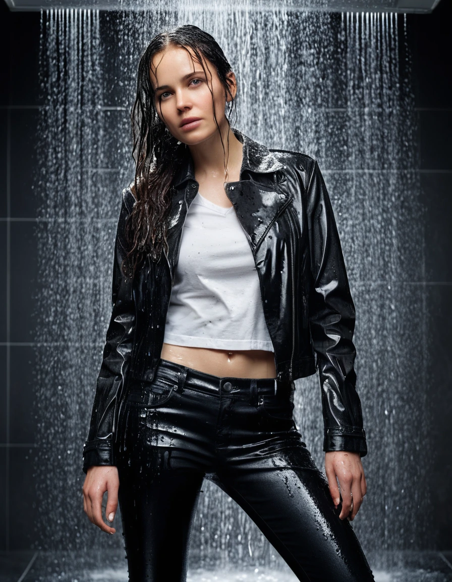 professional photo of young woman, in soaking wet, drenched clothes, wet clothes stuck to body, detailed textures of the wet clothes, wet face, wet plastered hair, wet, drenched, wet skin, damp fabric, wearing a water-drenched white latex shirt, black leather jacket, saturated, skin tight black leather jeans, saturated, and black leather ankle boots, soaked and glistening, standing under a shower with water flowing from head to toe, streaming raindrops, fabric transparency, high-contrast water cling, water dripping from hem, storm aftermath atmosphere, cinematic lighting, close up, sharp focus, photorealistic, ultra-detailed fabric texture, realistic colors, RAW photo, professionally color graded