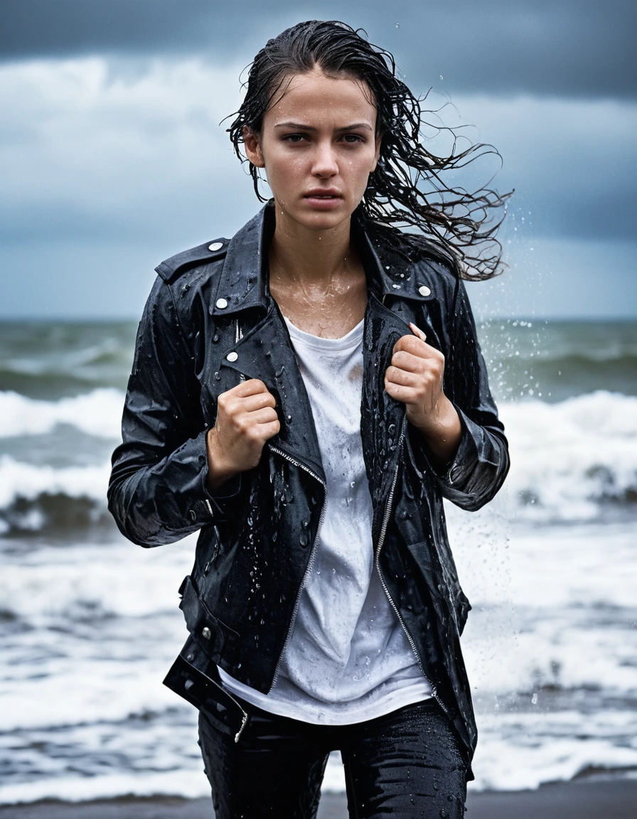 professional photo of young woman, in soaking wet, drenched clothes, wet clothes stuck to body, detailed textures of the wet clothes, wet face, wet plastered hair, wet, drenched, wet skin, damp fabric, streaming raindrops, fabric transparency, high-contrast water cling, water dripping from hem, wearing a water-drenched white oversize leather t-shirt, black leather jacket, saturated, black trench coat, skin tight black leather jeans, saturated, black leather ankle boots, soaked and glistening, standing in the waves at the beach, waves breaking, heavy rain at night, storm aftermath atmosphere, cinematic lighting, close up, sharp focus, photorealistic, ultra-detailed fabric texture, realistic colors, RAW photo, professionally color graded