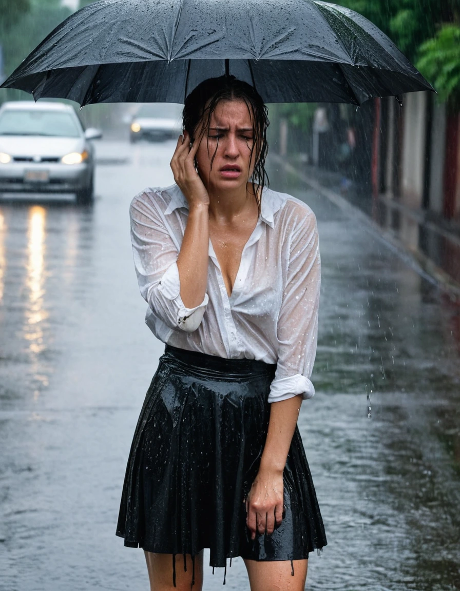 professional photo of young woman, in soaking wet, drenched clothes, wet clothes stuck to body, detailed textures of the wet clothes, wet face, wet plastered hair, wet, drenched, wet skin, damp fabric, depressed and crying expression, conservative catholic style, wearing a destroyed ripped blouse and a ripped skirt, wearing heels, standing on a city street during heavy rain, water droplets, cinematic atmosphere, full body view, sharp focus, photorealistic, ultra-detailed fabric texture, realistic colors, RAW photo, professionally color graded