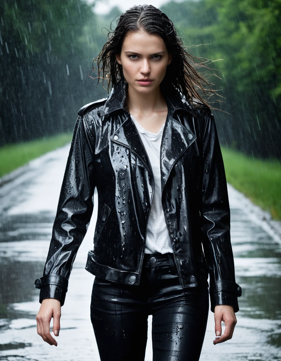 professional photo of young woman, in soaking wet, drenched clothes, wet clothes stuck to body, detailed textures of the wet clothes, wet face, wet plastered hair, wet, drenched, wet skin, damp fabric, wearing a water-drenched white oversize leather button shirt, black leather jacket, saturated, black trench coat, skin tight black leather jeans, saturated, and black leather ankle boots, soaked and glistening, standing in heavy rain, streaming raindrops, fabric transparency, high-contrast water cling, storm aftermath atmosphere, cinematic lighting, at night, close up, water dripping from hem, sharp focus, photorealistic, ultra-detailed fabric texture, realistic colors, RAW photo, professionally color graded