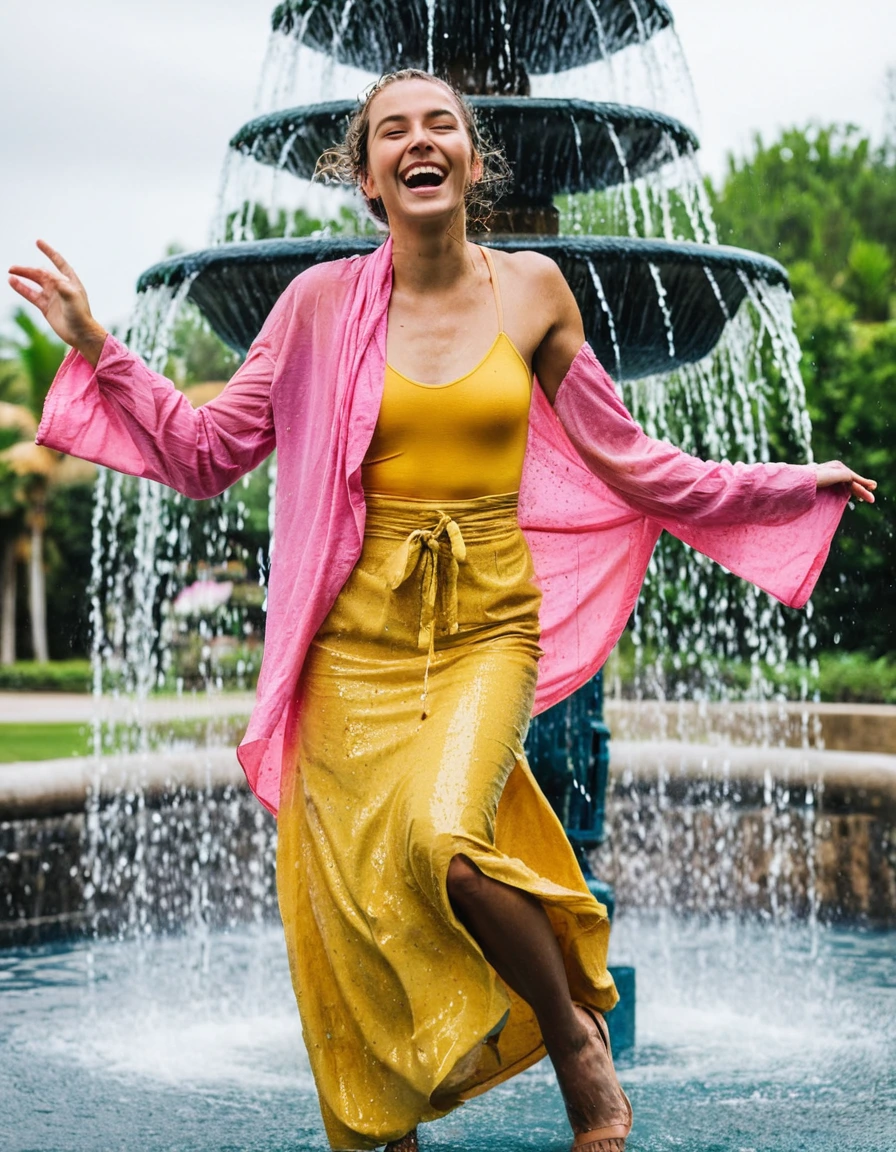 professional photo of young woman, in soaking wet, drenched clothes, wet clothes stuck to body, detailed textures of the wet clothes, wet face, wet plastered hair, wet, drenched, wet skin, damp fabric, wearing a yellow long sleeved blouse and a pink maxi skirt, wearing heels, happy and joyful expression, standing in a fountain, water splashing, full body view, detailed fabric texture, sharp focus, photorealistic, ultra-detailed fabric texture, realistic colors, RAW photo, professionally color graded
