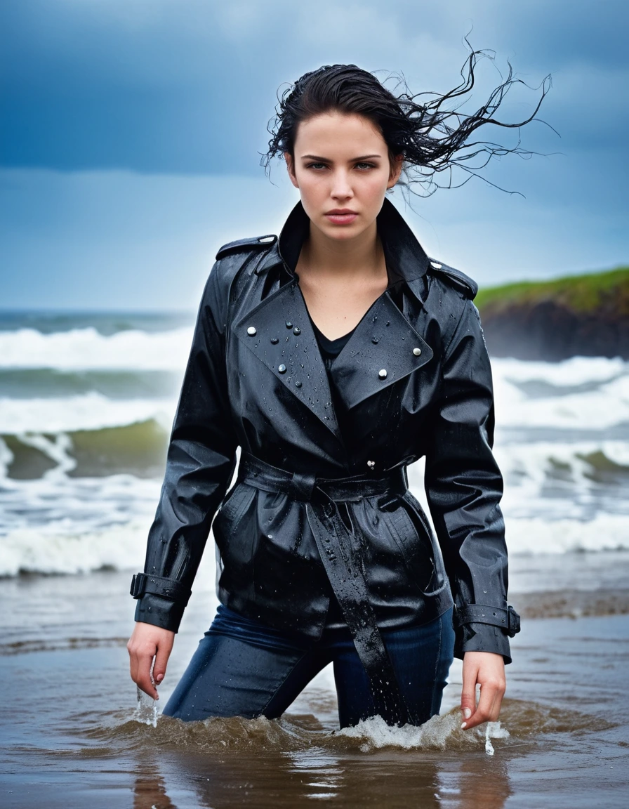 professional photo of young woman, in soaking wet, drenched clothes, wet clothes stuck to body, detailed textures of the wet clothes, wet face, wet plastered hair, wet, drenched, wet skin, damp fabric, black leather ankle boots, soaked and glistening, skin tight black leather jeans, saturated, water-drenched black oversize latex shirt, black leather jacket, saturated, black trench coat, streaming raindrops, fabric transparency, high-contrast water cling, water dripping from hem, standing in the waves at the beach, waves breaking, heavy rain at night, storm aftermath atmosphere, cinematic lighting, sharp focus, photorealistic, ultra-detailed fabric texture, realistic colors, RAW photo, professionally color graded