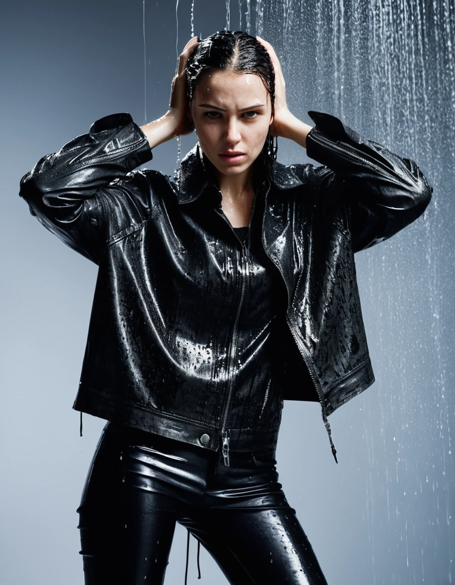 professional photo of young woman, in soaking wet, drenched clothes, wet clothes stuck to body, detailed textures of the wet clothes, wet face, wet plastered hair, wet, drenched, wet skin, damp fabric, standing under a shower with water flowing from head to toe, water dripping from hem, streaming raindrops, high-contrast water cling, fabric transparency, saturated water-drenched black oversize latex shirt, saturated skin tight black leather jeans, black leather jacket, soaked and glistening black leather ankle boots, cinematic lighting, storm aftermath atmosphere, full body view, detailed fabric texture, sharp focus, photorealistic, ultra-detailed fabric texture, realistic colors, RAW photo, professionally color graded