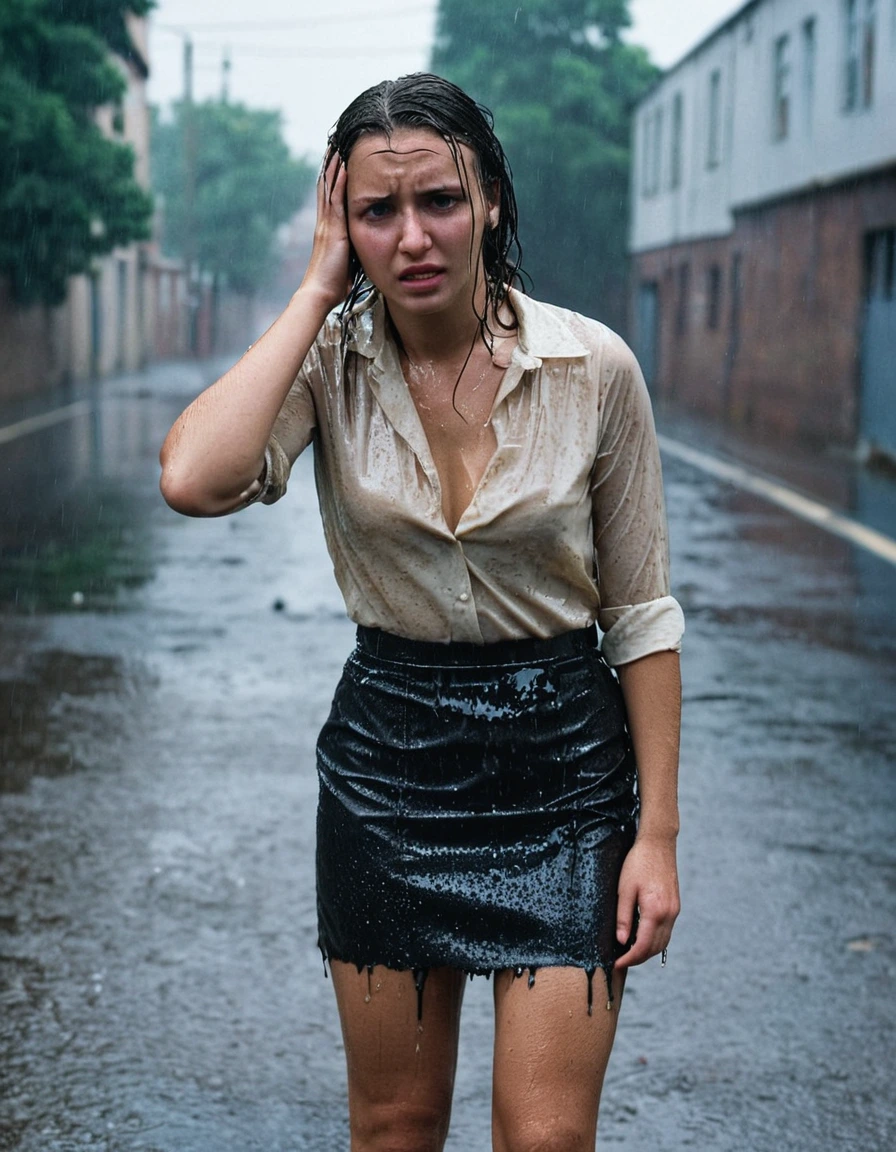 professional photo of young woman, in soaking wet, drenched clothes, wet clothes stuck to body, detailed textures of the wet clothes, wet face, wet plastered hair, wet, drenched, wet skin, damp fabric, depressed, crying, conservative, catholic, wearing a destroyed, ripped blouse and a ripped skirt, heels, standing on a street in heavy rain, full body view, detailed fabric texture, sharp focus, photorealistic, ultra-detailed fabric texture, realistic colors, RAW photo, professionally color graded