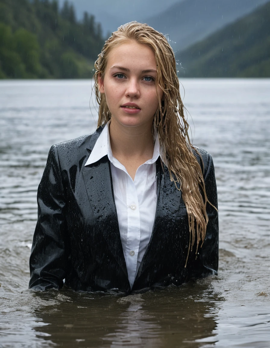 professional photo of young woman, 20 year old beautiful blonde, side parting long hair, in soaking wet, drenched clothes, wet clothes stuck to body, detailed textures of the wet clothes, wet face, wet plastered hair, wet, drenched, wet skin, damp fabric, wearing a Black Business Suit Jacket with white button down business shirt longsleeve over Black Long Business Trouser, soaked tailored fabric, realistic structure, absorbed water, breast deep submerged, looks confidently into camera, swimming in a clear mountain lake under a heavy rainstorm, heavy rain, dramatic storm lighting, full body view, detailed fabric texture, sharp focus, photorealistic, ultra-detailed fabric texture, realistic colors, RAW photo, professionally color graded