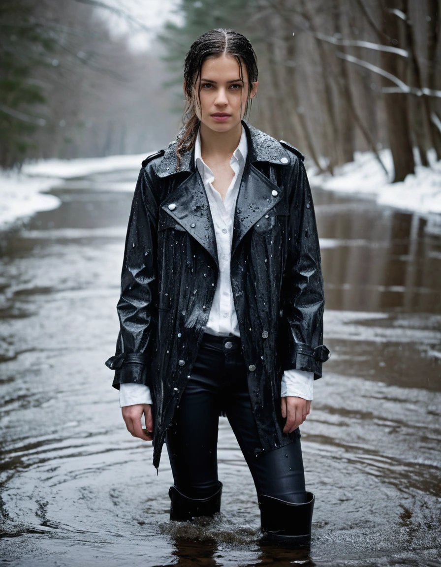 professional photo of young woman, in soaking wet, drenched clothes, wet clothes stuck to body, detailed textures of the wet clothes, wet face, wet plastered hair, wet, drenched, wet skin, damp fabric, water-drenched white oversize leather button shirt, black leather jacket, black trench coat, skin tight black leather jeans, black leather ankle boots, soaked and glistening, standing in a river in a snow covered forest, snowing, covered in snow, streaming raindrops, fabric transparency, high-contrast water cling, water dripping from hem, storm aftermath atmosphere, cinematic lighting, full body view, detailed fabric texture, sharp focus, photorealistic, ultra-detailed fabric texture, realistic colors, RAW photo, professionally color graded