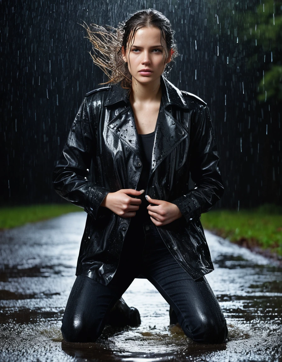 professional photo of young woman, in soaking wet, drenched clothes, wet clothes stuck to body, detailed textures of the wet clothes, wet face, wet plastered hair, wet, drenched, wet skin, damp fabric, wearing a water-drenched white oversize leather button shirt, black leather jacket, saturated, black trench coat, skin tight black leather jeans, saturated, black leather ankle boots, soaked and glistening, streaming raindrops, fabric transparency, high-contrast water cling, water dripping from hem, standing in heavy rain at night, storm aftermath atmosphere, cinematic lighting, close up, sharp focus, photorealistic, ultra-detailed fabric texture, realistic colors, RAW photo, professionally color graded