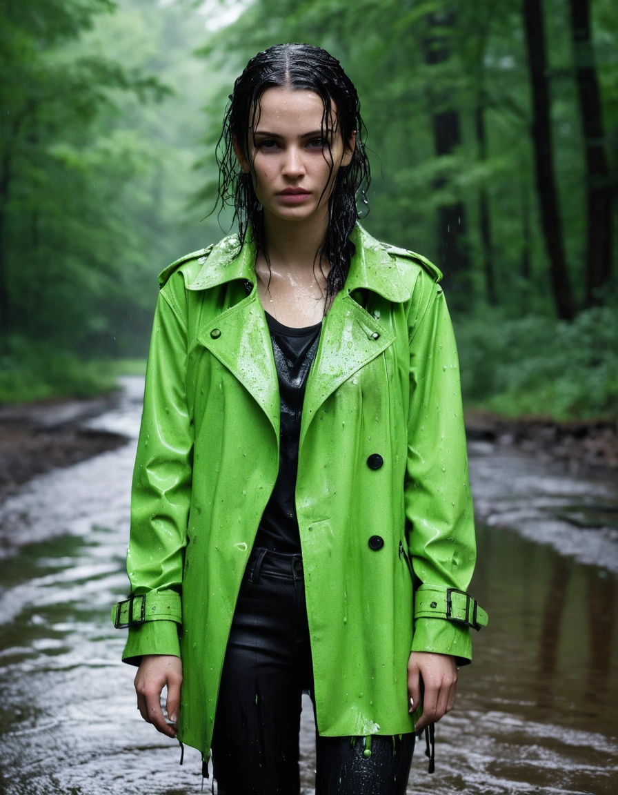 professional photo of young woman, in soaking wet, drenched clothes, wet clothes stuck to body, detailed textures of the wet clothes, wet face, wet plastered hair, wet, drenched, wet skin, damp fabric, wearing a water-drenched neon green oversize t-shirt, black leather jacket, saturated, black trench coat, skin tight black leather jeans, saturated, black leather ankle boots, soaked and glistening, streaming raindrops, fabric transparency, high-contrast water cling, standing in a river in a forest, heavy rain, storm aftermath atmosphere, cinematic lighting, sharp focus, photorealistic, ultra-detailed fabric texture, realistic colors, RAW photo, professionally color graded