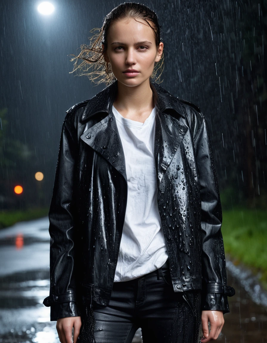 professional photo of young woman, in soaking wet, drenched clothes, wet clothes stuck to body, detailed textures of the wet clothes, wet face, wet plastered hair, wet, drenched, wet skin, damp fabric, wearing a water-drenched white oversize leather button shirt, black leather jacket, saturated, black trench coat, skin tight black leather jeans, saturated, black leather ankle boots, soaked and glistening, streaming raindrops, fabric transparency, high-contrast water cling, water dripping from hem, standing in heavy rain at night, storm aftermath atmosphere, cinematic lighting, close up, sharp focus, photorealistic, ultra-detailed fabric texture, realistic colors, RAW photo, professionally color graded