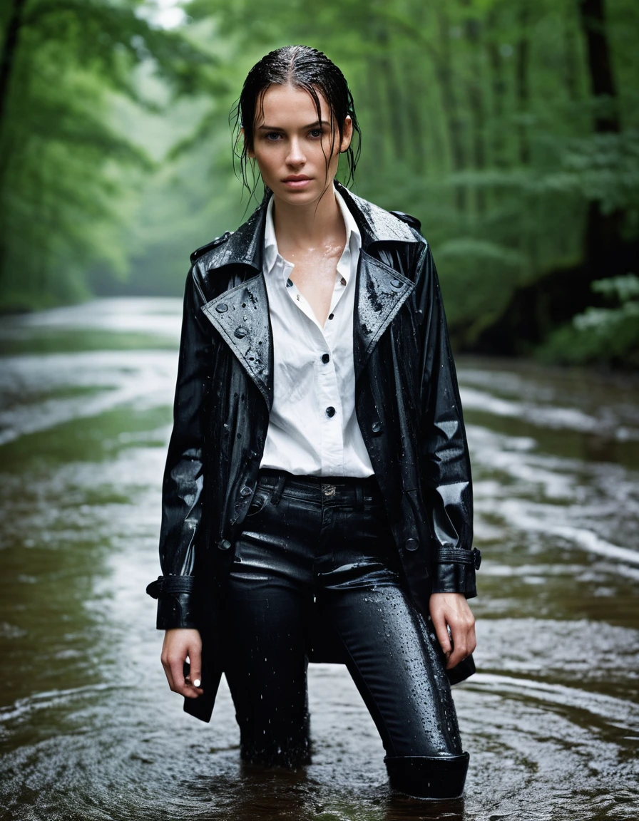 professional photo of young woman, in soaking wet, drenched clothes, wet clothes stuck to body, detailed textures of the wet clothes, wet face, wet plastered hair, wet, drenched, wet skin, damp fabric, water-drenched white oversize leather button shirt, black leather jacket, saturated, black trench coat, skin tight black leather jeans, saturated, black leather ankle boots, soaked and glistening, standing in a river in a forest, heavy rain, streaming raindrops, fabric transparency, high-contrast water cling, water dripping from hem, storm aftermath atmosphere, cinematic lighting, close up, sharp focus, photorealistic, ultra-detailed fabric texture, realistic colors, RAW photo, professionally color graded