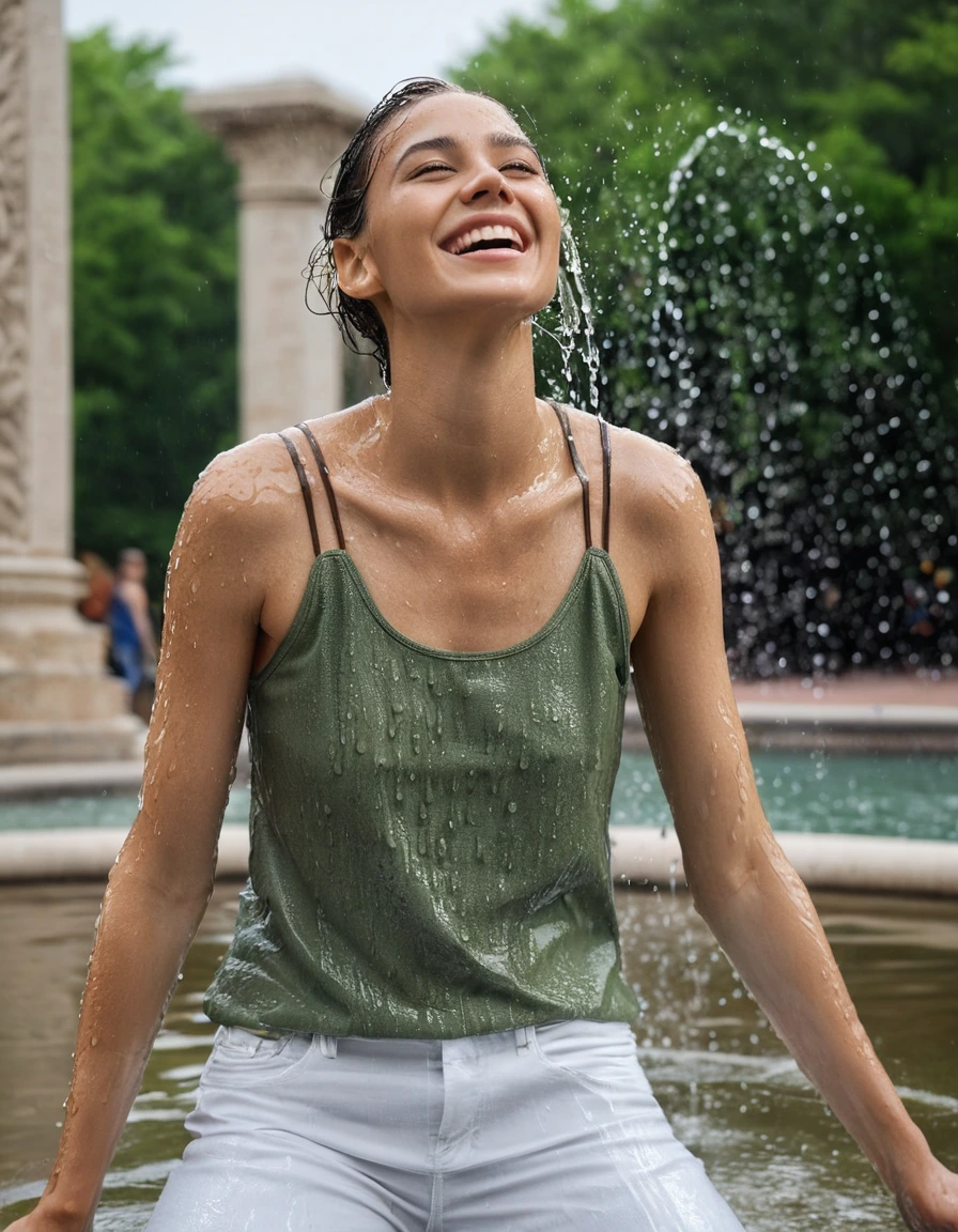 photo of young woman, in soaking wet, drenched clothes,
strappy beige leather sandals with wet skin texture, sheer white linen cropped trousers clinging to skin from water, fitted sage green ribbed tank top visibly saturated and translucent, modern city sidewalk adjacent to a large decorative stone fountain, 
enjoying, wet clothes stuck to body,
detailed textures of the wet clothes, wet face, wet plastered hair,
wet, drenched, professional, high-quality details, full body view.
sharp focus, ultra-high pixel detail, realistic, high-quality, full colors, incredibly detailed, 4k, 8k, 16k, hyper-realistic, RAW photo, masterpiece, ultra-detailed, professionally color graded, professional photograph, a woman laughing while brushing wet hair strands from her face after being caught in a sudden fountain spray, fabric clinging to her frame, high-fashion editorial style, sharp focus on water droplets, medium full-body shot, low-angle perspective, natural bright daylight, 85mm lens., wet skin, wet clothes, damp fabric