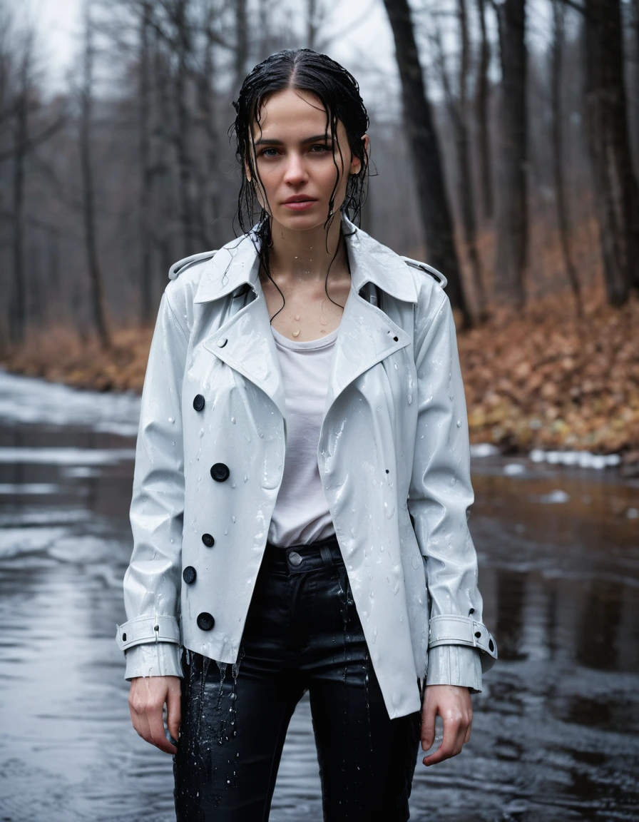 professional photo of young woman, in soaking wet, drenched clothes, wet clothes stuck to body, detailed textures of the wet clothes, wet face, wet plastered hair, wet, drenched, wet skin, damp fabric, water-drenched white oversize leather button shirt, black leather jacket, black trench coat, skin tight black leather jeans, black leather ankle boots, soaked and glistening, streaming raindrops, fabric transparency, high-contrast water cling, water dripping from hem, standing in a river in a snow covered forest, close up, at night, cinematic lighting, storm aftermath atmosphere, sharp focus, photorealistic, ultra-detailed fabric texture, realistic colors, RAW photo, professionally color graded