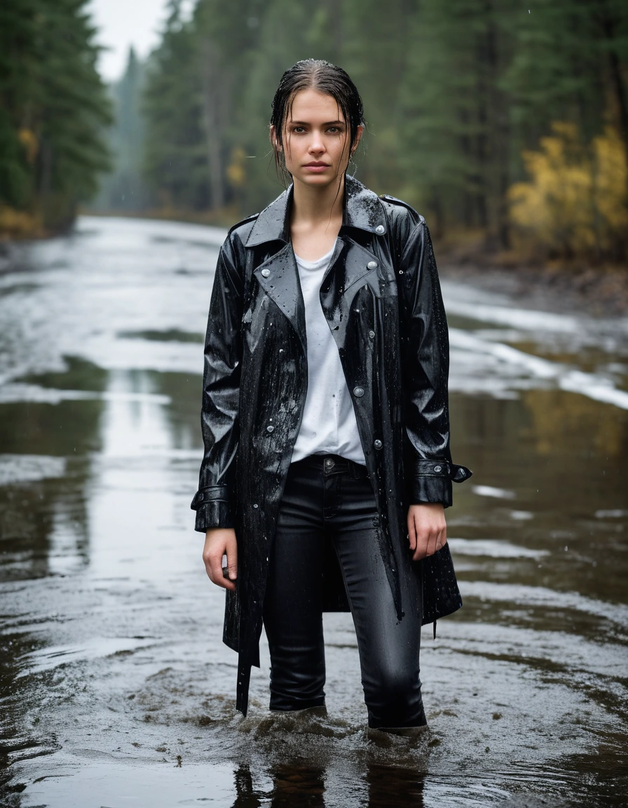 professional photo of young woman, in soaking wet, drenched clothes, wet clothes stuck to body, detailed textures of the wet clothes, wet face, wet plastered hair, wet, drenched, wet skin, damp fabric, standing in a river, water-drenched white oversize leather button shirt, black leather jacket, black trench coat, skin tight black leather jeans, saturated, black leather ankle boots, soaked and glistening, streaming raindrops, fabric transparency, high-contrast water cling, water dripping from hem, snow covered forest, snowing, storm aftermath atmosphere, cinematic lighting, full body view, detailed fabric texture, sharp focus, photorealistic, ultra-detailed fabric texture, realistic colors, RAW photo, professionally color graded