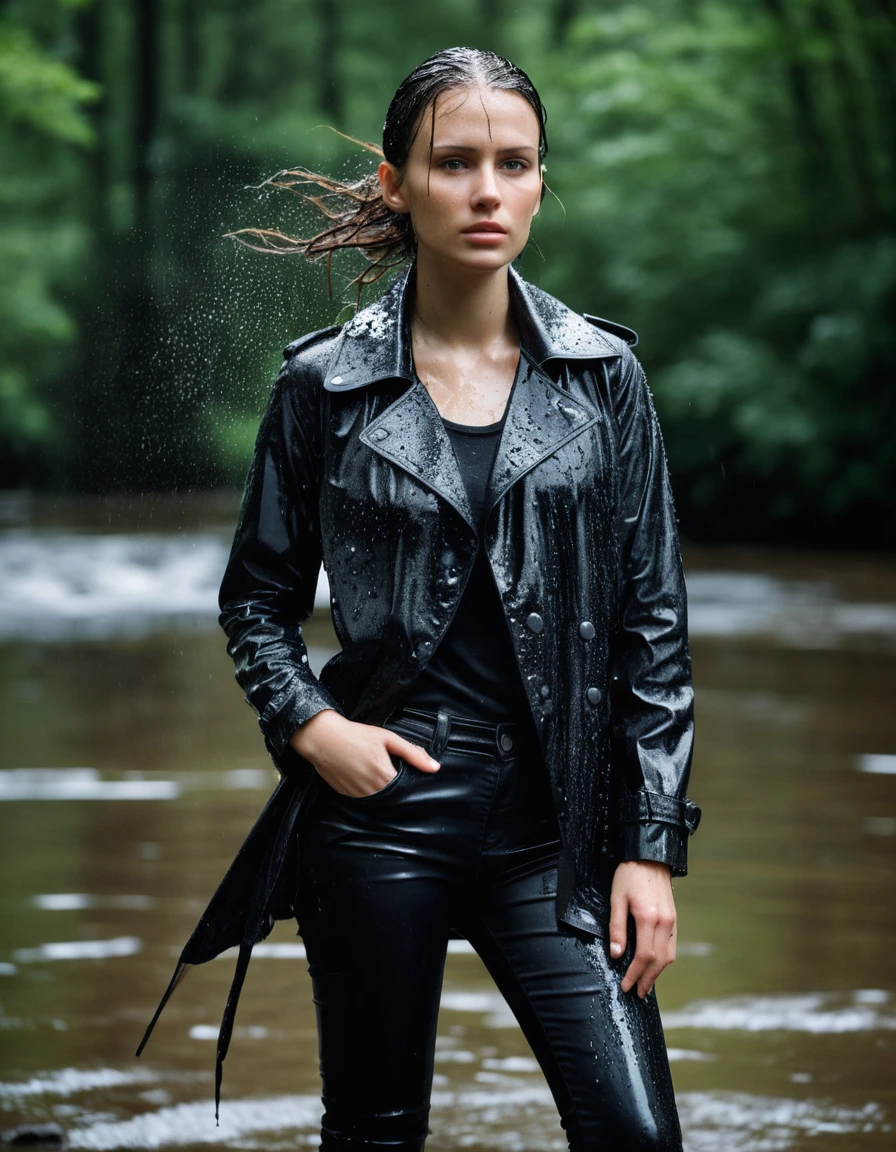professional photo of young woman, in soaking wet, drenched clothes, wet clothes stuck to body, detailed textures of the wet clothes, wet face, wet plastered hair, wet, drenched, wet skin, damp fabric, streaming raindrops, fabric transparency, high-contrast water cling, wearing a water-drenched white oversize leather button shirt, black leather jacket, saturated, black trench coat, skin tight black leather jeans, saturated, black leather ankle boots, soaked and glistening, standing in a river in a forest, heavy rain, storm aftermath atmosphere, water dripping from hem, close up, cinematic lighting, sharp focus, photorealistic, ultra-detailed fabric texture, realistic colors, RAW photo, professionally color graded