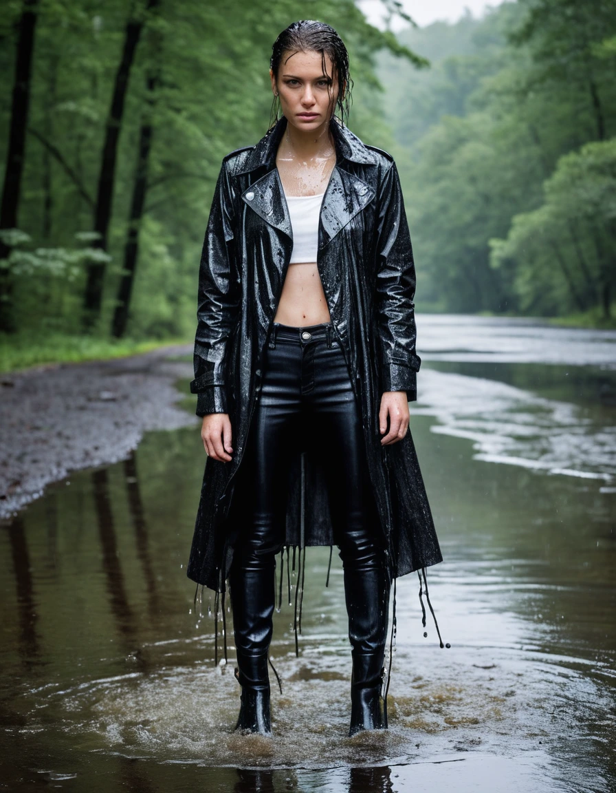 professional photo of young woman, in soaking wet, drenched clothes, wet clothes stuck to body, detailed textures of the wet clothes, wet face, wet plastered hair, wet, drenched, wet skin, damp fabric, water-drenched white oversize leather button shirt, black leather jacket, saturated, black trench coat, skin tight black leather jeans, saturated, black leather ankle boots, soaked and glistening, standing in a river in a forest, heavy rain, streaming raindrops, fabric transparency, high-contrast water cling, water dripping from hem, storm aftermath atmosphere, cinematic lighting, close up, sharp focus, photorealistic, ultra-detailed fabric texture, realistic colors, RAW photo, professionally color graded