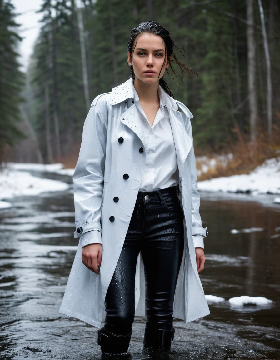 professional photo of young woman, in soaking wet, drenched clothes, wet clothes stuck to body, detailed textures of the wet clothes, wet face, wet plastered hair, wet, drenched, wet skin, damp fabric, water-drenched white oversize leather button shirt, black leather jacket, black trench coat, skin tight black leather jeans, black leather ankle boots, soaked and glistening, streaming raindrops, fabric transparency, high-contrast water cling, water dripping from hem, standing in a river in a snow covered forest, snowing, covered in snow, cinematic lighting, storm aftermath atmosphere, full body view, sharp focus, photorealistic, ultra-detailed fabric texture, realistic colors, RAW photo, professionally color graded
