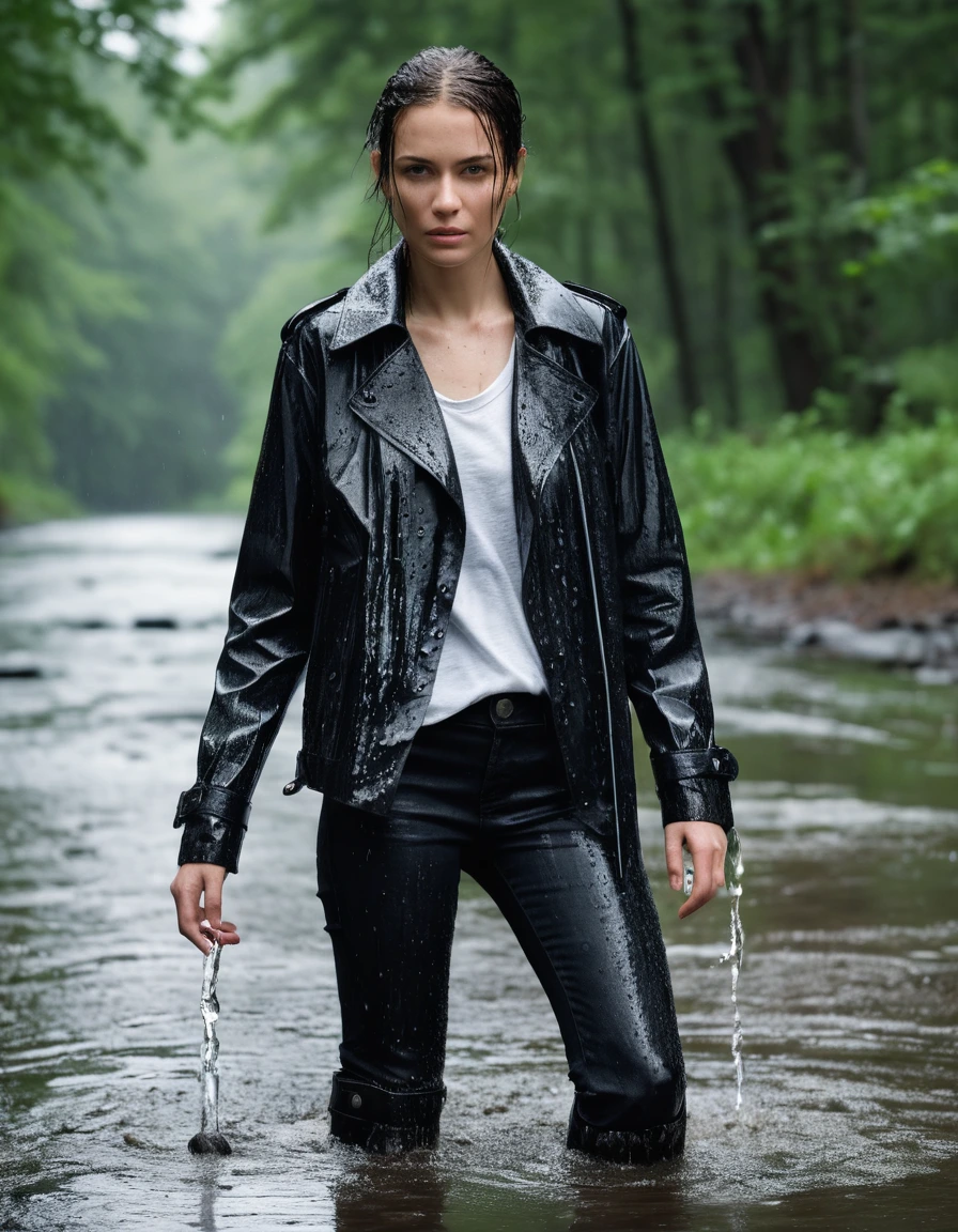 professional photo of young woman, in soaking wet, drenched clothes, wet clothes stuck to body, detailed textures of the wet clothes, wet face, wet plastered hair, wet, drenched, wet skin, damp fabric, water-drenched white oversize leather button shirt, black leather jacket, black trench coat, skin tight black leather jeans, black leather ankle boots, soaked and glistening, streaming raindrops, fabric transparency, high-contrast water cling, water dripping from hem, standing in a river in a forest, heavy rain, storm aftermath atmosphere, cinematic lighting, close up, sharp focus, photorealistic, ultra-detailed fabric texture, realistic colors, RAW photo, professionally color graded