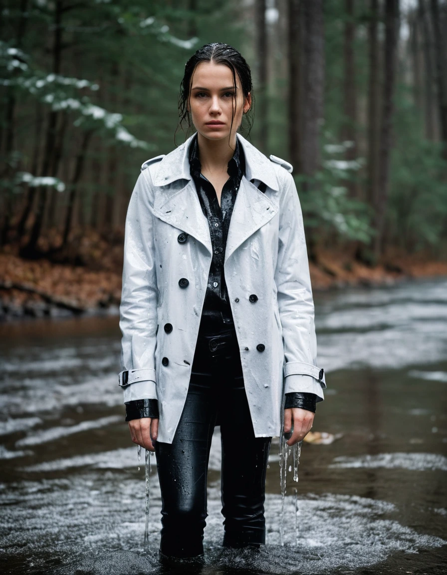 professional photo of young woman, in soaking wet, drenched clothes, wet clothes stuck to body, detailed textures of the wet clothes, wet face, wet plastered hair, wet, drenched, wet skin, damp fabric, water-drenched white oversize leather button shirt, black leather jacket, black trench coat, skin tight black leather jeans, black leather ankle boots, soaked and glistening, standing in a river in a snow covered forest, snowing, covered in snow, streaming raindrops, fabric transparency, high-contrast water cling, water dripping from hem, storm aftermath atmosphere, cinematic lighting, full body view, detailed fabric texture, sharp focus, photorealistic, ultra-detailed fabric texture, realistic colors, RAW photo, professionally color graded