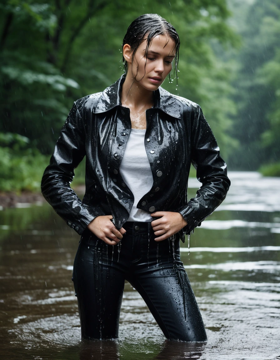 professional photo of young woman, in soaking wet, drenched clothes, wet clothes stuck to body, detailed textures of the wet clothes, wet face, wet plastered hair, wet, drenched, wet skin, damp fabric, streaming raindrops, fabric transparency, high-contrast water cling, water dripping from hem, wearing a water-drenched white oversize leather button shirt, black leather jacket, black trench coat, skin tight black leather jeans, saturated, black leather ankle boots, soaked and glistening, standing in a river in a forest, heavy rain, storm aftermath atmosphere, cinematic lighting, close up, sharp focus, photorealistic, ultra-detailed fabric texture, realistic colors, RAW photo, professionally color graded