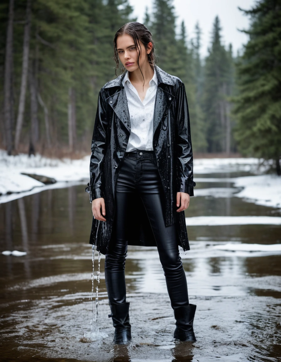 professional photo of young woman, in soaking wet, drenched clothes, wet clothes stuck to body, detailed textures of the wet clothes, wet face, wet plastered hair, wet, drenched, wet skin, damp fabric, white oversize leather button shirt, black leather jacket, black trench coat, skin tight black leather jeans, black leather ankle boots, soaked and glistening, streaming raindrops, fabric transparency, high-contrast water cling, water dripping from hem, standing in a river in a snow covered forest, snowing, covered in snow, cinematic lighting, storm aftermath atmosphere, full body view, detailed fabric texture, sharp focus, photorealistic, ultra-detailed fabric texture, realistic colors, RAW photo, professionally color graded
