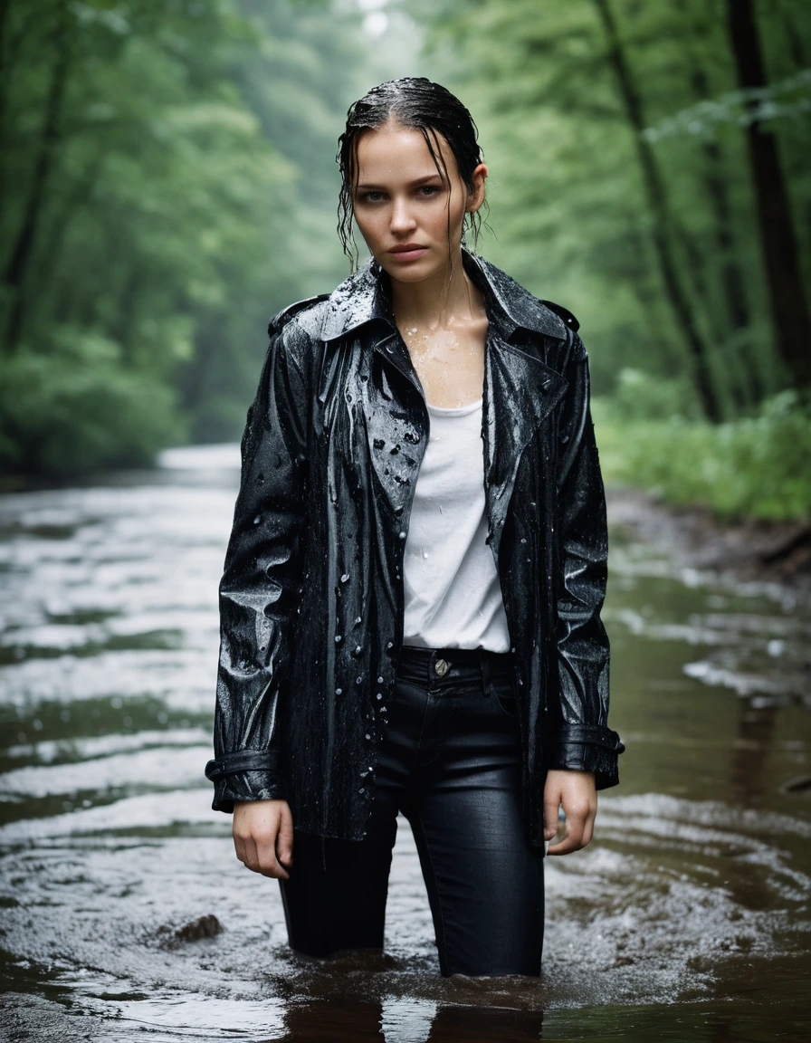 professional photo of young woman, in soaking wet, drenched clothes, wet clothes stuck to body, detailed textures of the wet clothes, wet face, wet plastered hair, wet, drenched, wet skin, damp fabric, water-drenched white oversize leather button shirt, black leather jacket, black trench coat, skin tight black leather jeans, black leather ankle boots, soaked and glistening, streaming raindrops, fabric transparency, high-contrast water cling, water dripping from hem, standing in a river in a forest, heavy rain, storm aftermath atmosphere, cinematic lighting, close up, sharp focus, photorealistic, ultra-detailed fabric texture, realistic colors, RAW photo, professionally color graded