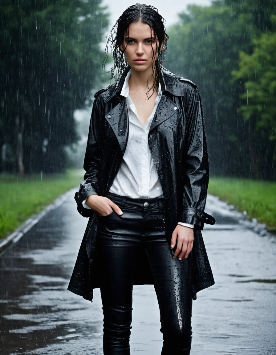professional photo of young woman, in soaking wet, drenched clothes, wet clothes stuck to body, detailed textures of the wet clothes, wet face, wet plastered hair, wet, drenched, wet skin, damp fabric, wearing a water-drenched white oversize leather button shirt, a black leather jacket, and a black trench coat, over skin tight black leather jeans, saturated, with black leather ankle boots, soaked and glistening, standing in heavy rain, streaming raindrops, fabric transparency, high-contrast water cling, water dripping from hem, storm aftermath atmosphere, cinematic lighting, at night, close up, full body view, sharp focus, photorealistic, ultra-detailed fabric texture, realistic colors, RAW photo, professionally color graded