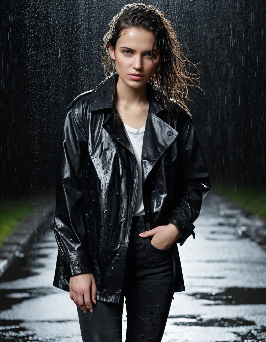 professional photo of young woman, in soaking wet, drenched clothes, wet clothes stuck to body, detailed textures of the wet clothes, wet face, wet plastered hair, wet, drenched, wet skin, damp fabric, wearing a water-drenched white oversize leather button shirt, black leather jacket, saturated, black trench coat, skin tight black leather jeans, saturated, and black leather ankle boots, soaked and glistening, standing in heavy rain, streaming raindrops, fabric transparency, high-contrast water cling, storm aftermath atmosphere, cinematic lighting, at night, close up, water dripping from hem, sharp focus, photorealistic, ultra-detailed fabric texture, realistic colors, RAW photo, professionally color graded