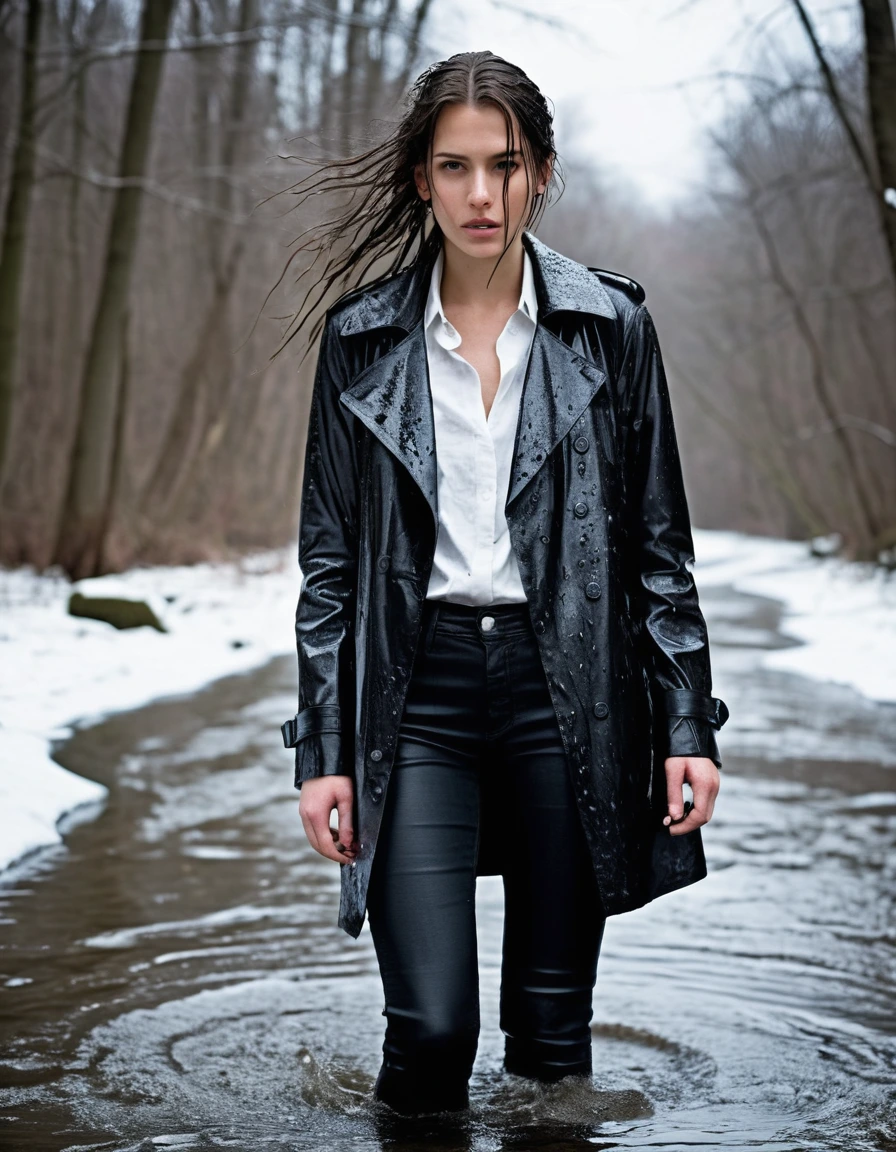 professional photo of young woman, in soaking wet, drenched clothes, wet clothes stuck to body, detailed textures of the wet clothes, wet face, wet plastered hair, wet, drenched, wet skin, damp fabric, water-drenched white oversize leather button shirt, black leather jacket, black trench coat, skin tight black leather jeans, black leather ankle boots, soaked and glistening, standing in a river, snow covered forest, snowing, streaming raindrops, fabric transparency, high-contrast water cling, storm aftermath atmosphere, water dripping from hem, full body view, close up, cinematic lighting, sharp focus, photorealistic, ultra-detailed fabric texture, realistic colors, RAW photo, professionally color graded