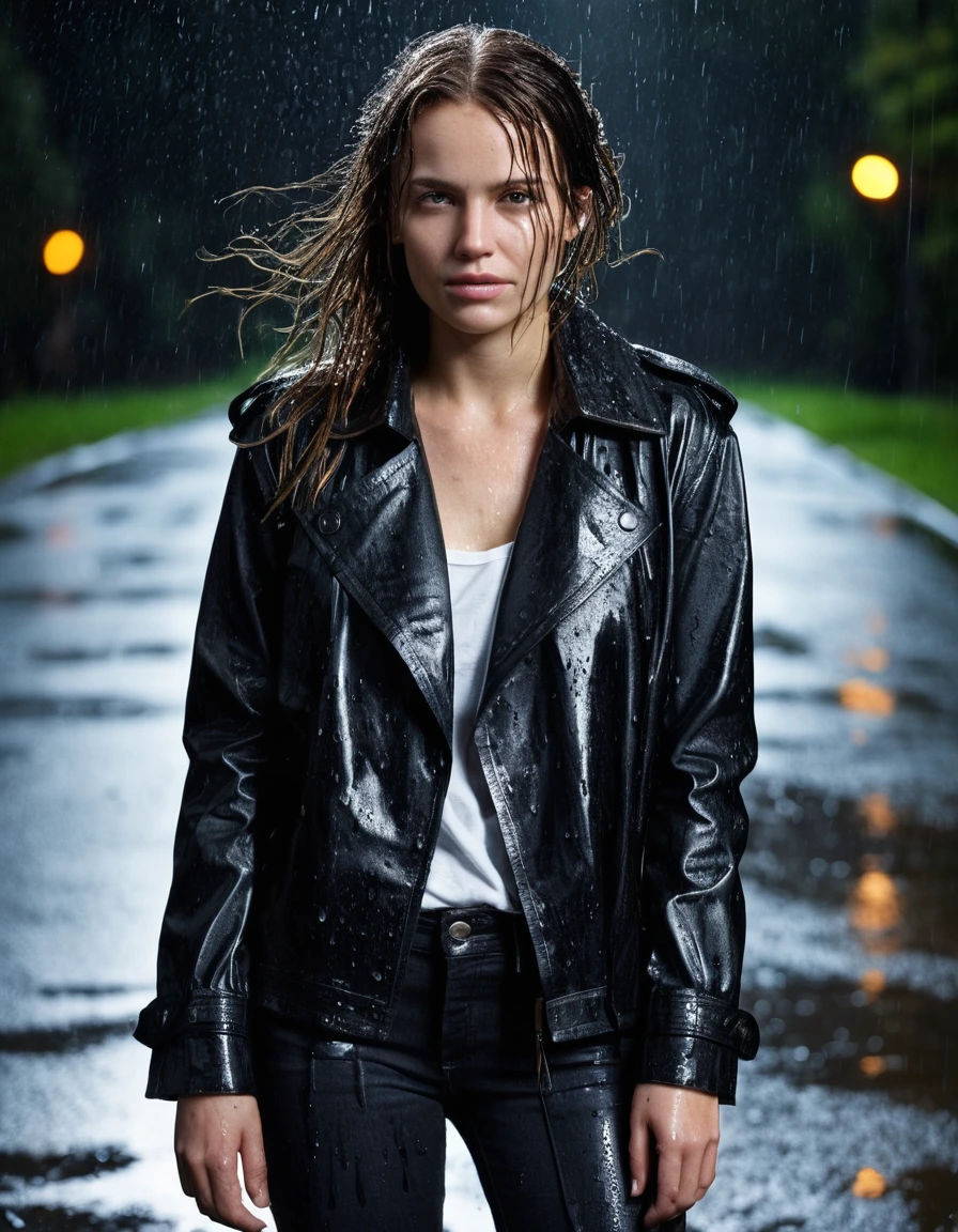 professional photo of young woman, in soaking wet, drenched clothes, wet clothes stuck to body, detailed textures of the wet clothes, wet face, wet plastered hair, wet, drenched, wet skin, damp fabric, wearing a water-drenched white oversize leather button shirt, black leather jacket, saturated, black trench coat, skin tight black leather jeans, saturated, black leather ankle boots, soaked and glistening, streaming raindrops, fabric transparency, high-contrast water cling, water dripping from hem, standing in heavy rain at night, storm aftermath atmosphere, cinematic lighting, close up, sharp focus, photorealistic, ultra-detailed fabric texture, realistic colors, RAW photo, professionally color graded