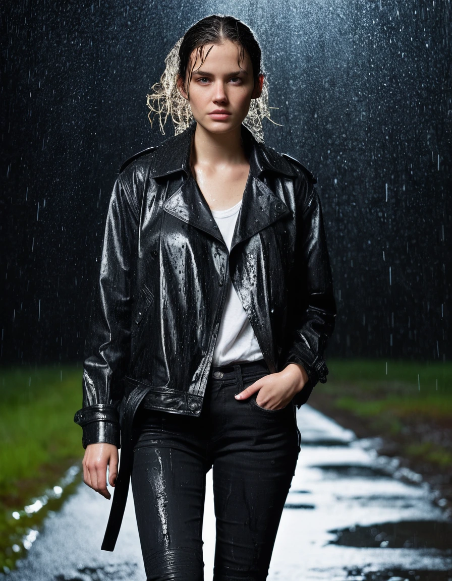 professional photo of young woman, in soaking wet, drenched clothes, wet clothes stuck to body, detailed textures of the wet clothes, wet face, wet plastered hair, wet, drenched, wet skin, damp fabric, wearing a water-drenched white oversize leather button shirt, a black leather jacket, a black trench coat, and skin tight black leather jeans, saturated, wearing black leather ankle boots, soaked and glistening, standing in heavy rain at night, streaming raindrops, fabric transparency, high-contrast water cling, water dripping from hem, storm aftermath atmosphere, cinematic lighting, full body view, detailed fabric texture, sharp focus, photorealistic, ultra-detailed fabric texture, realistic colors, RAW photo, professionally color graded