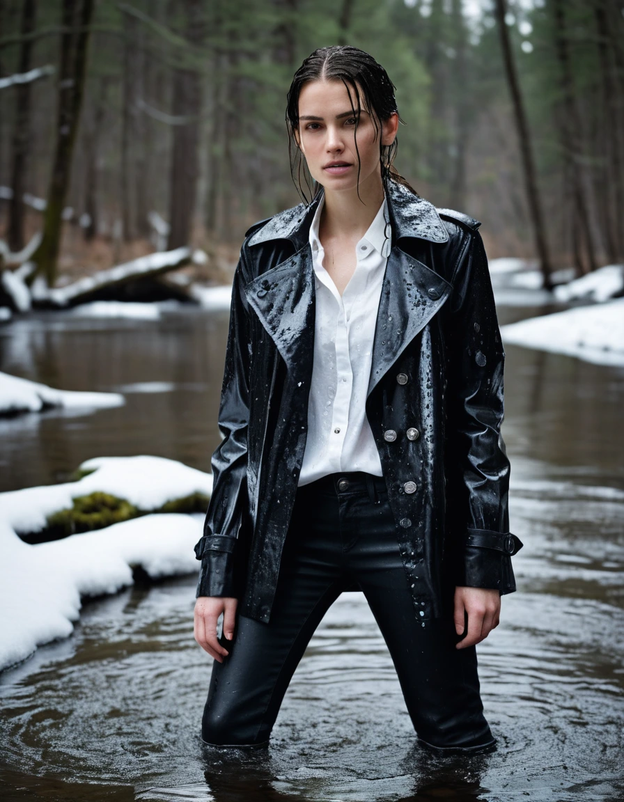 professional photo of young woman, in soaking wet, drenched clothes, wet clothes stuck to body, detailed textures of the wet clothes, wet face, wet plastered hair, wet, drenched, wet skin, damp fabric, water-drenched white oversize leather button shirt, black leather jacket, black trench coat, skin tight black leather jeans, black leather ankle boots, soaked and glistening, streaming raindrops, fabric transparency, high-contrast water cling, water dripping from hem, standing in a river in a snow covered forest, snowing, covered in snow, cinematic lighting, storm aftermath atmosphere, full body view, detailed fabric texture, sharp focus, photorealistic, ultra-detailed fabric texture, realistic colors, RAW photo, professionally color graded